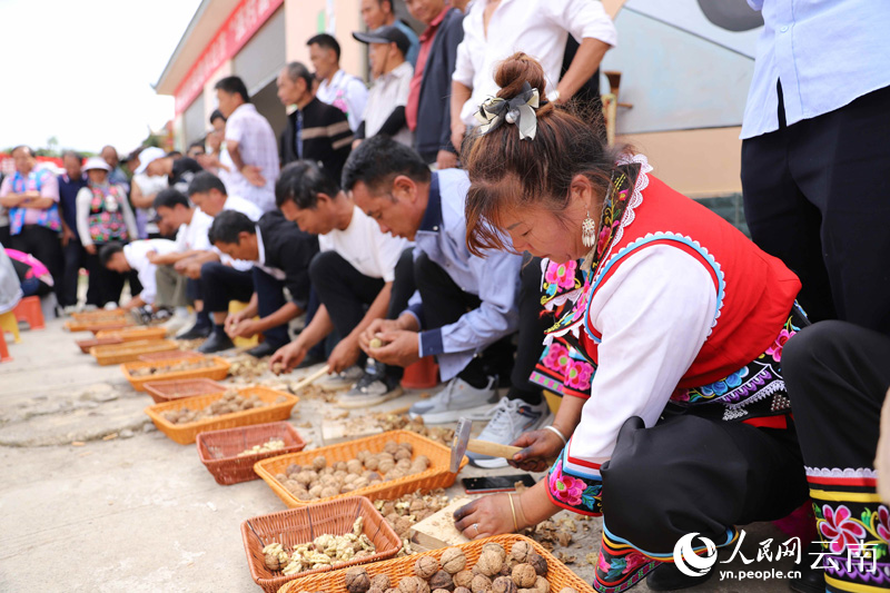 Walnut peeling competition held in SW China